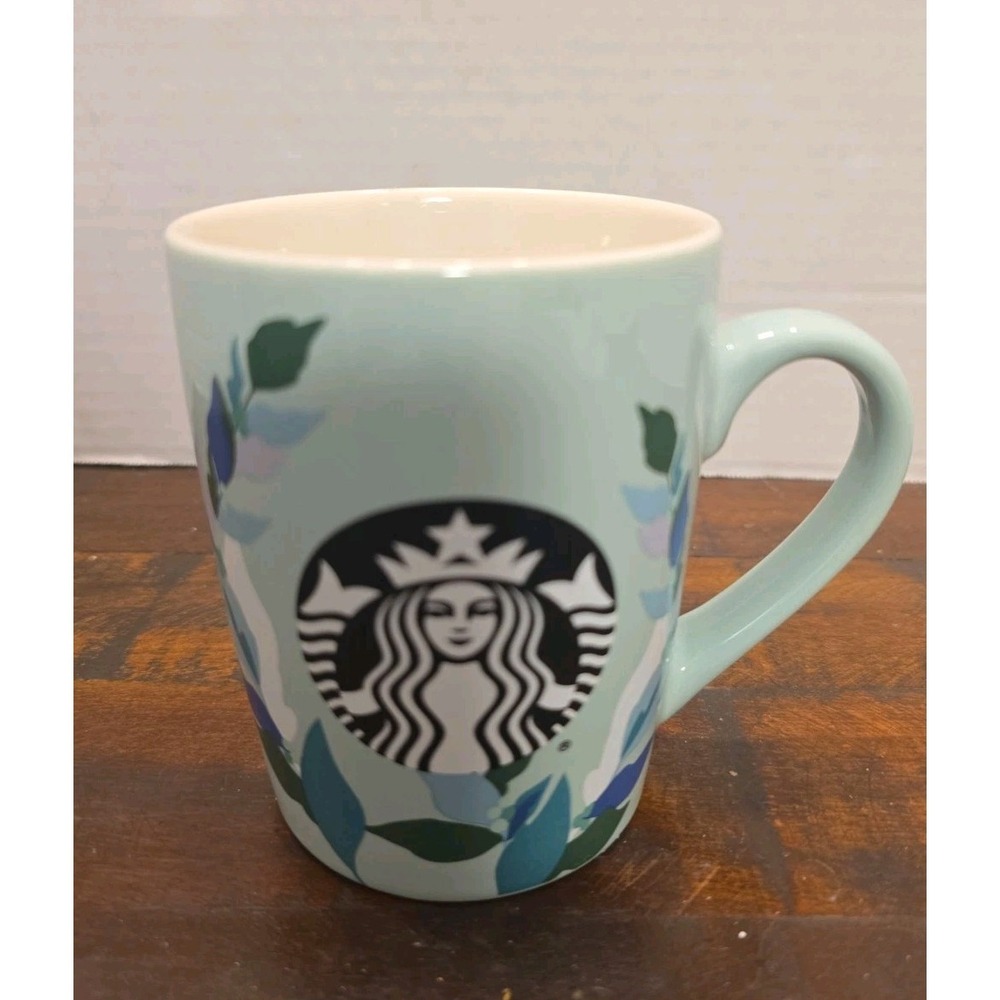 Starbucks Coffee Mug 10 oz 2020 Mint Green Ceramic Cup Floral Leaf Tea